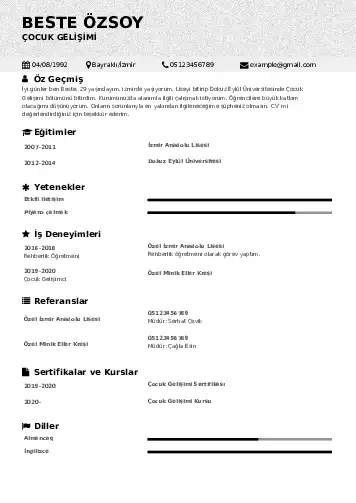Çocuk Gelişimi Bölümü CV Örnekleri cv indir